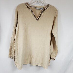 Baby & Me Cream & Brown V Neck Lng Slv Crimped Fabric Womens Maternity Blouse M